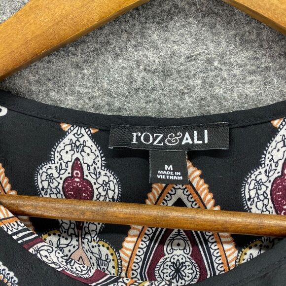 5/$45 Roz & Ali Dress Women M Medium Black Geometric Shift Short Crew Neck - Picture 5 of 9